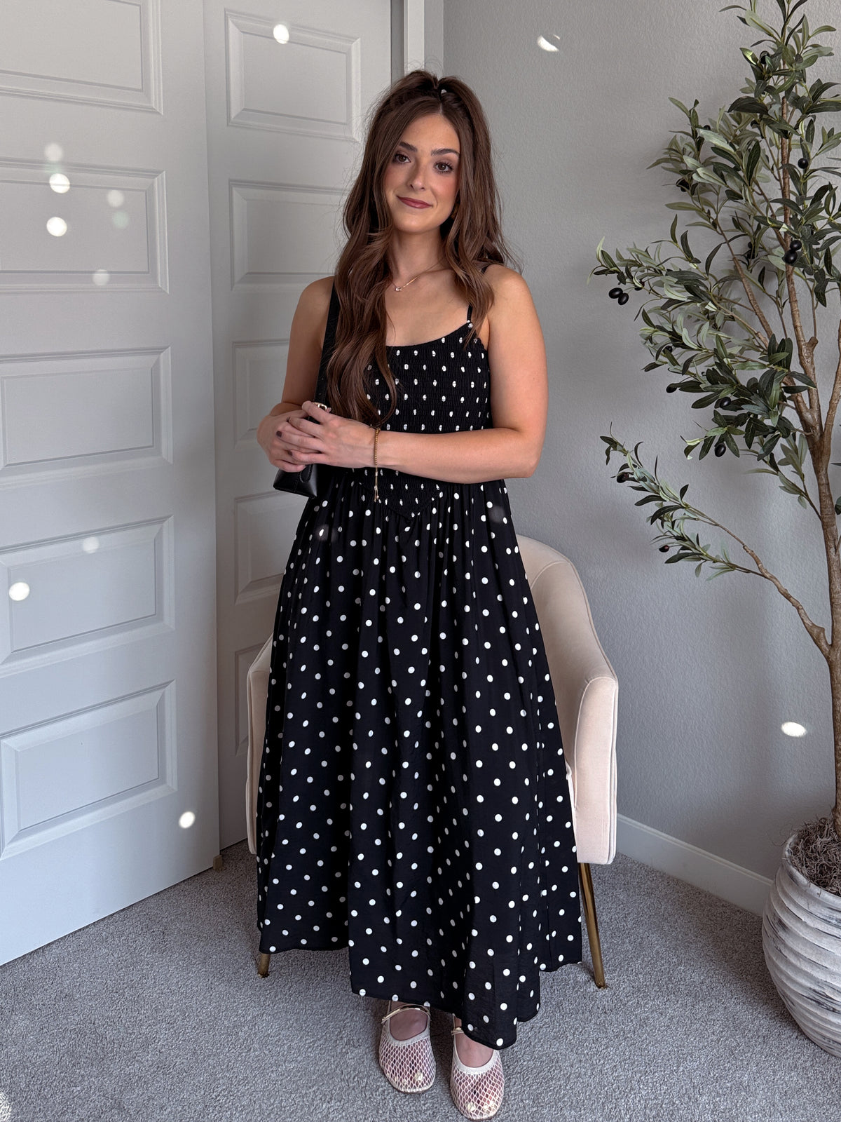 Bardot Polka Dot Smocked Basque Waist Midi Dress (Black)