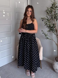 Bardot Polka Dot Smocked Basque Waist Midi Dress (Black)