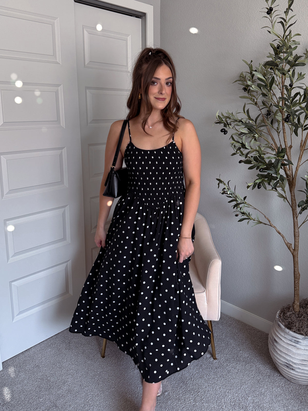 Bardot Polka Dot Smocked Basque Waist Midi Dress (Black)