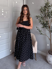 Bardot Polka Dot Smocked Basque Waist Midi Dress (Black)