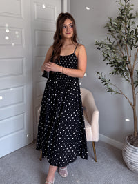 Bardot Polka Dot Smocked Basque Waist Midi Dress (Black)