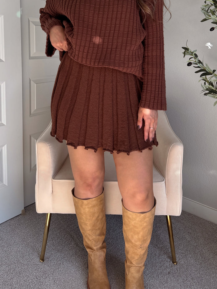Beckett A-Line Wide-Ribbed Sweater Mini Skirt (Brown)
