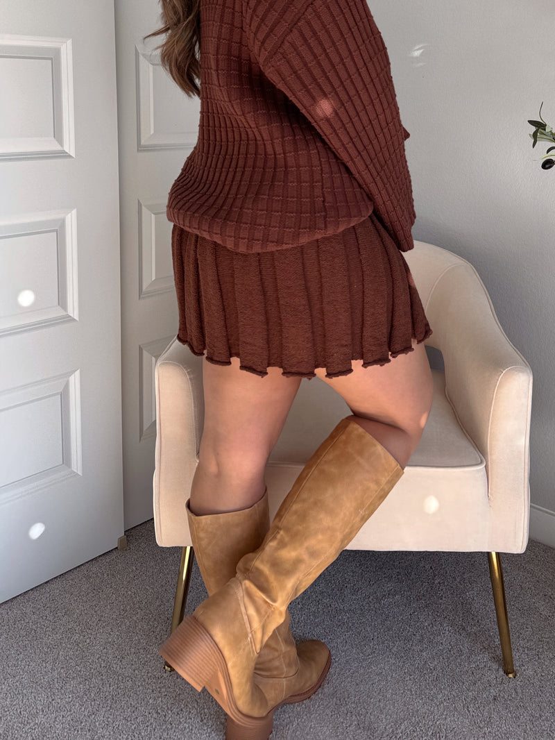 Beckett A-Line Wide-Ribbed Sweater Mini Skirt (Brown)