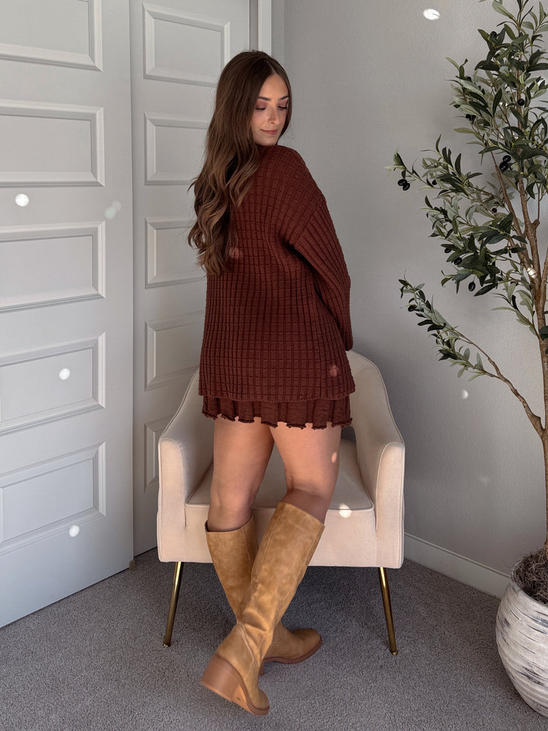 Beckett A-Line Wide-Ribbed Sweater Mini Skirt (Brown)