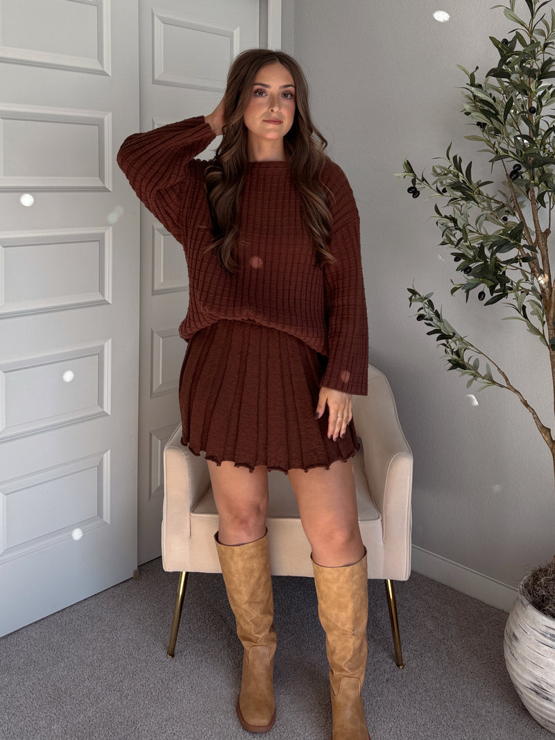 Beckett A-Line Wide-Ribbed Sweater Mini Skirt (Brown) Medium Beckett A-Line Wide-Ribbed Sweater Mini Skirt (Brown) Medium