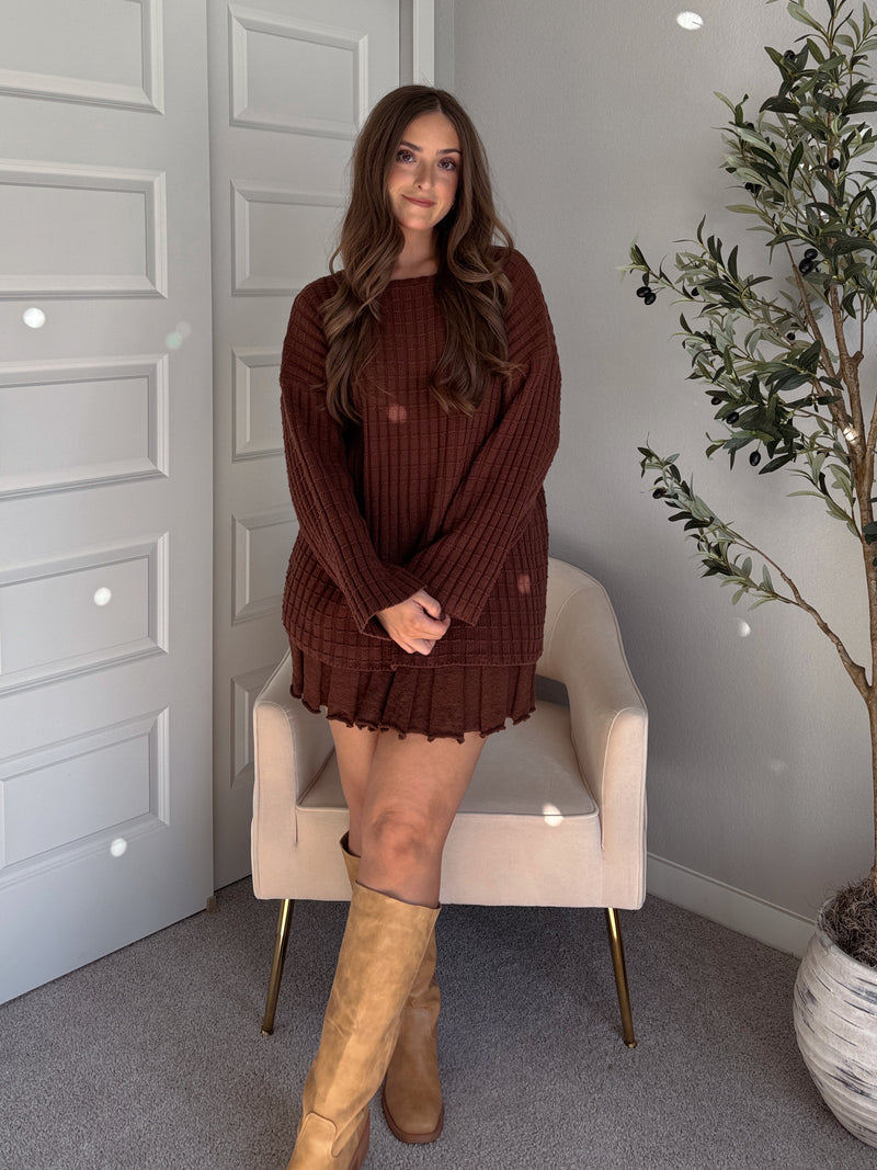 Beckett A-Line Wide-Ribbed Sweater Mini Skirt (Brown)