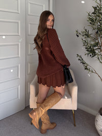 Beckett A-Line Wide-Ribbed Sweater Mini Skirt (Brown)
