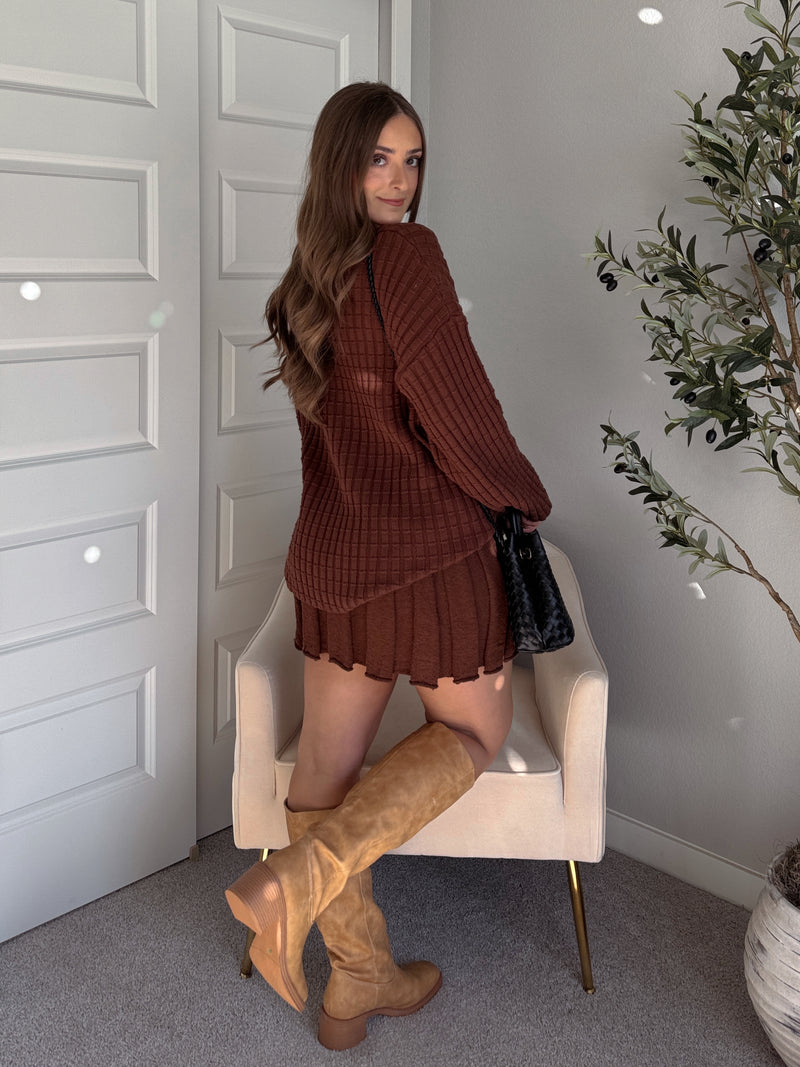 Beckett A-Line Wide-Ribbed Sweater Mini Skirt (Brown)
