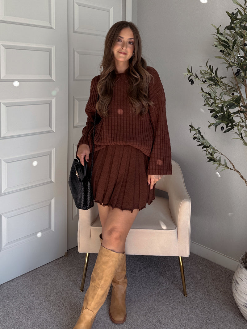 Beckett A-Line Wide-Ribbed Sweater Mini Skirt (Brown)