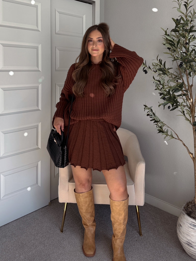 Beckett A-Line Wide-Ribbed Sweater Mini Skirt (Brown)