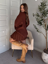 Beckett A-Line Wide-Ribbed Sweater Mini Skirt (Brown)