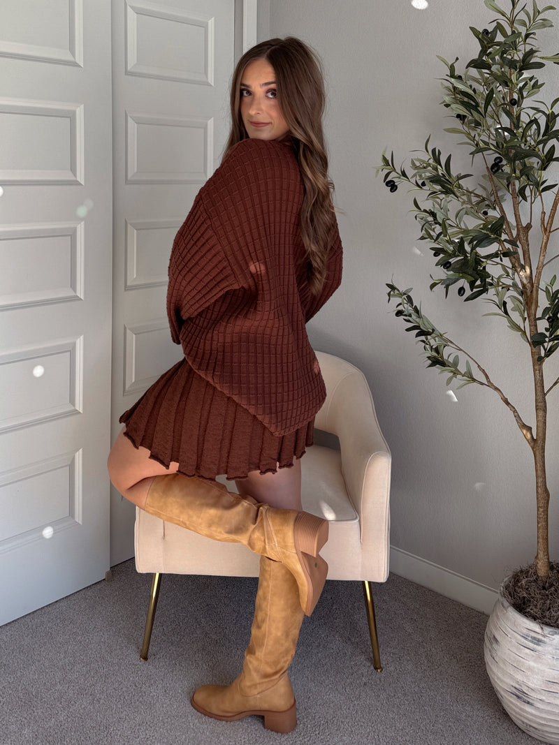 Beckett A-Line Wide-Ribbed Sweater Mini Skirt (Brown)