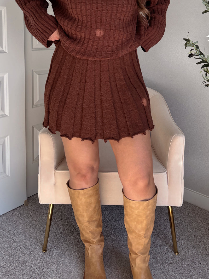 Beckett A-Line Wide-Ribbed Sweater Mini Skirt (Brown) Medium Beckett A-Line Wide-Ribbed Sweater Mini Skirt (Brown) Medium