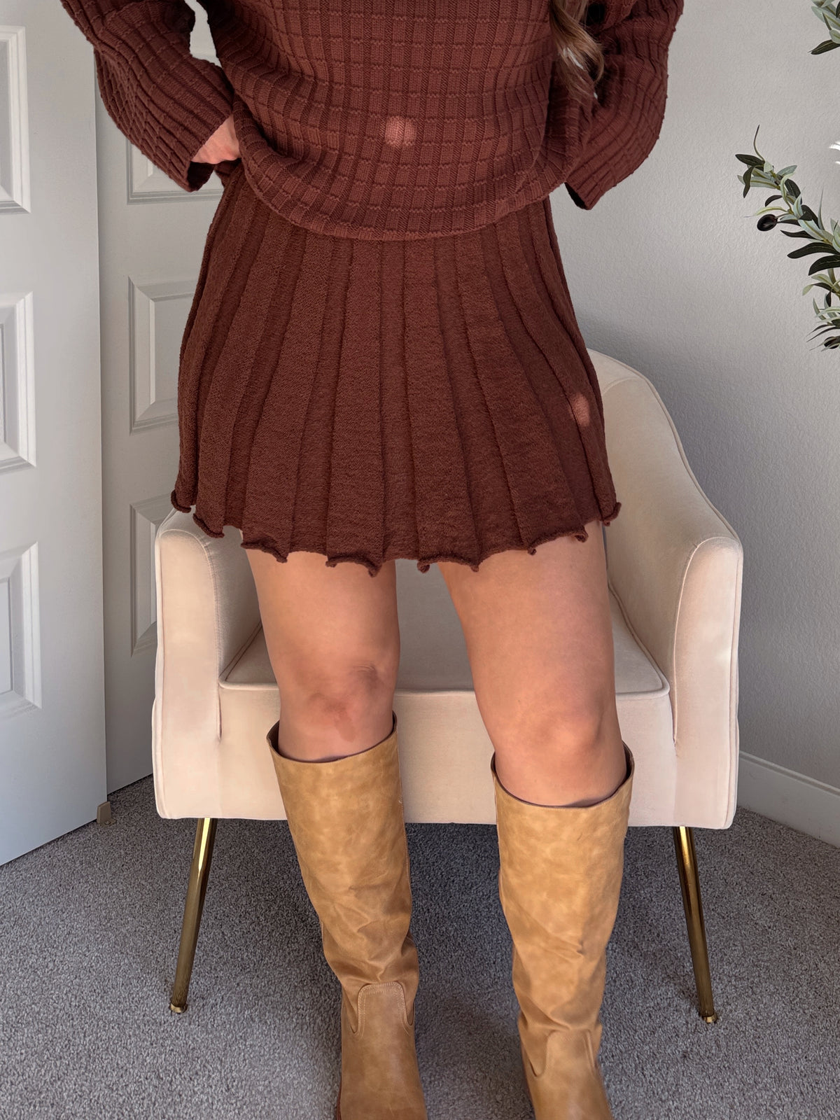 Beckett A-Line Wide-Ribbed Sweater Mini Skirt (Brown)