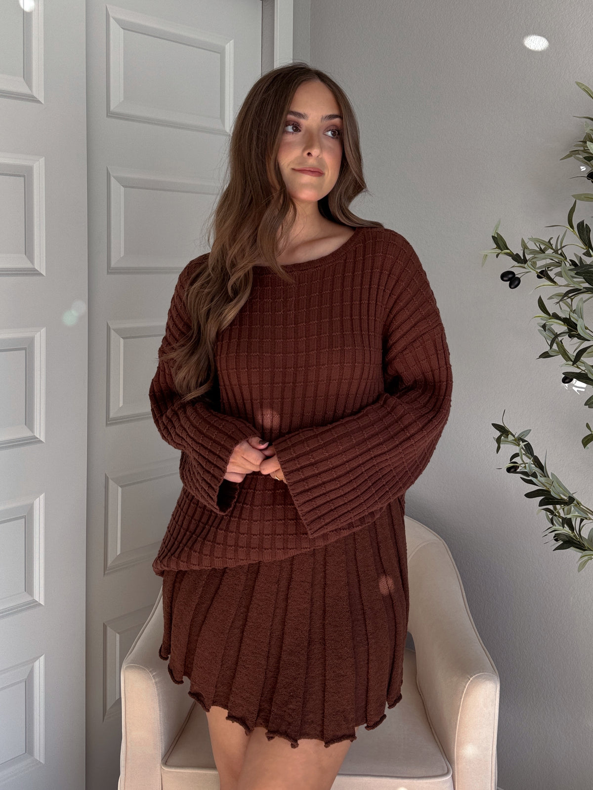 Beckett A-Line Wide-Ribbed Sweater Mini Skirt (Brown)