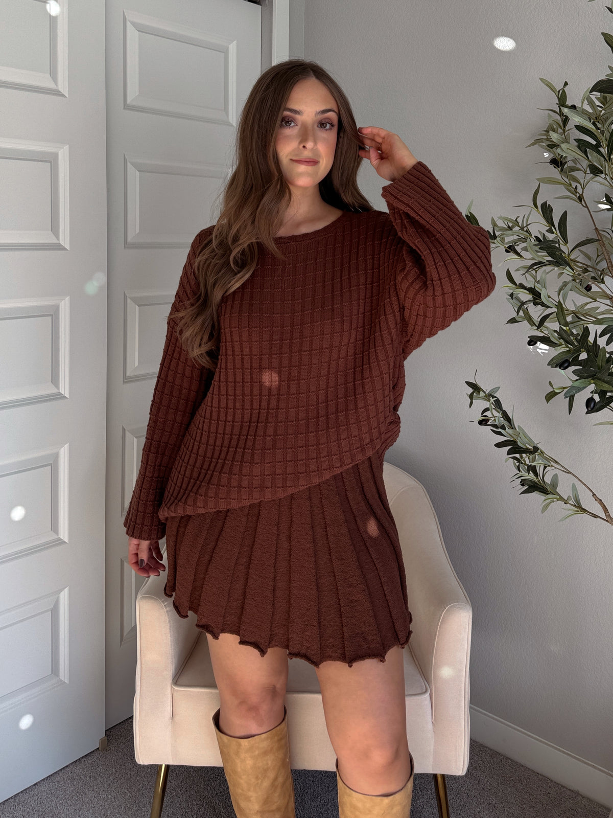 Beckett A-Line Wide-Ribbed Sweater Mini Skirt (Brown)