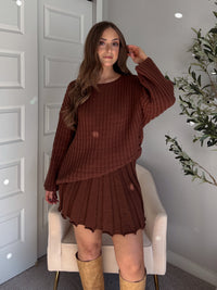 Beckett A-Line Wide-Ribbed Sweater Mini Skirt (Brown)