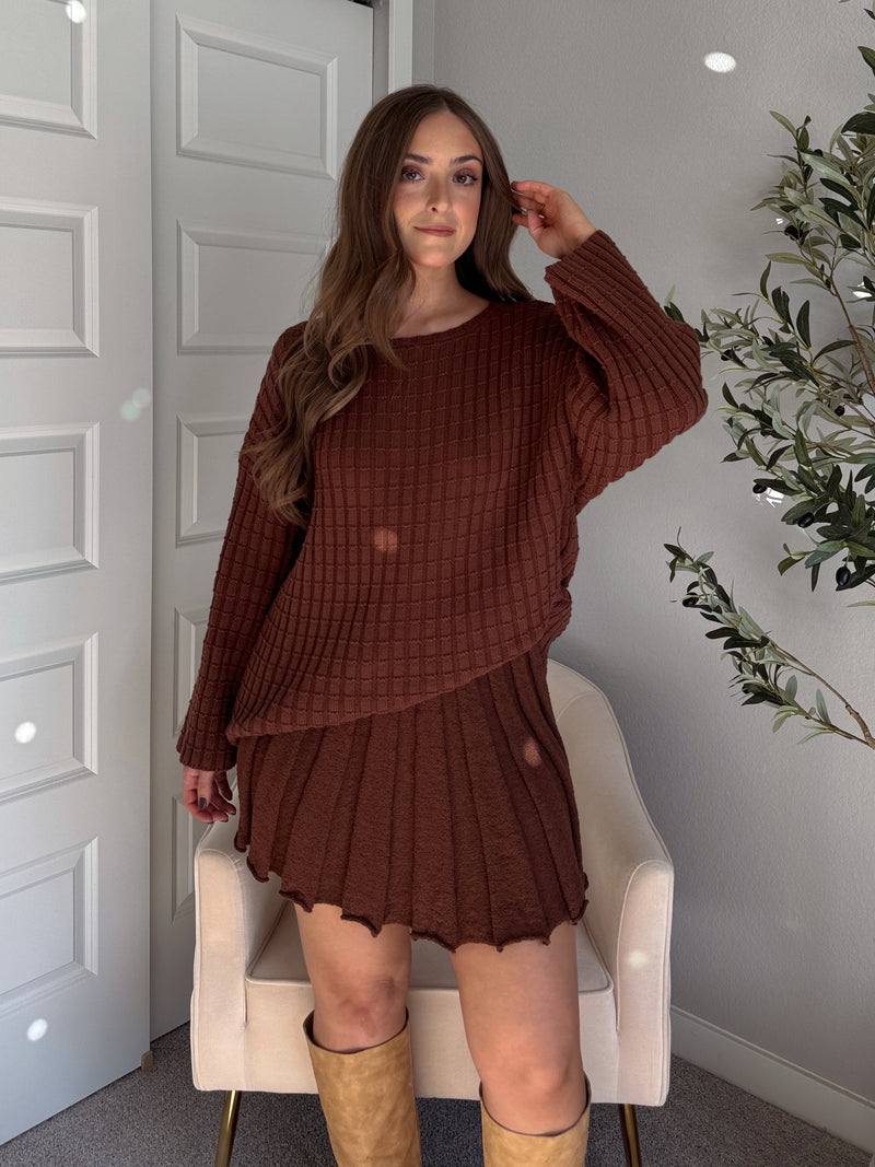 Beckett A-Line Wide-Ribbed Sweater Mini Skirt (Brown)