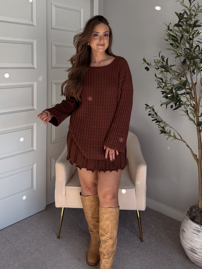 Beckett A-Line Wide-Ribbed Sweater Mini Skirt (Brown)