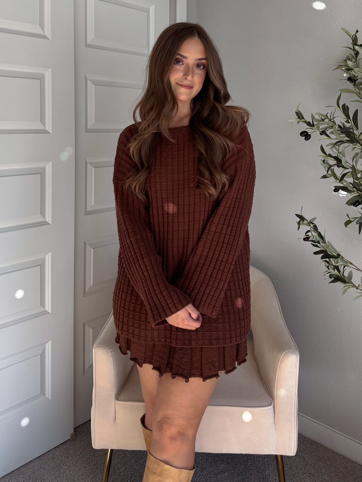 Beckett Oversized Ribbed Tunic Sweater (Brown)