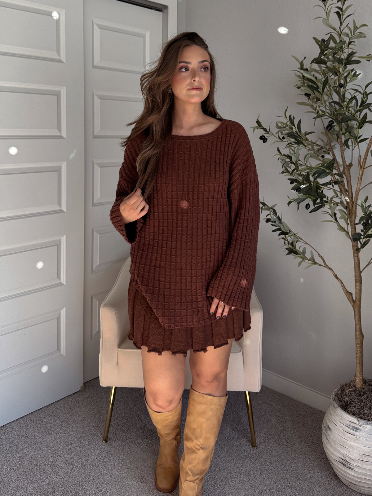 Beckett Oversized Ribbed Tunic Sweater (Brown)