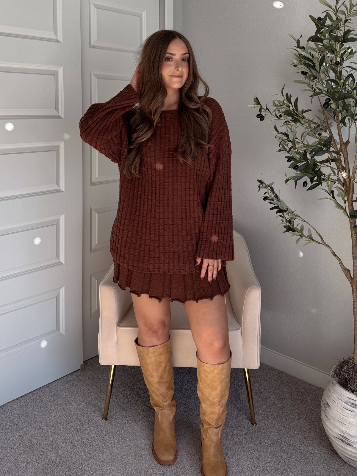 brown tunic sweater dress DETAIL TURTLENECK TUNIC SWEATER DRESS WITH SLIT L / Ivory