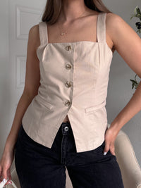 Beckham Square Neck Split Hem Button Down Vest (Light Khaki)