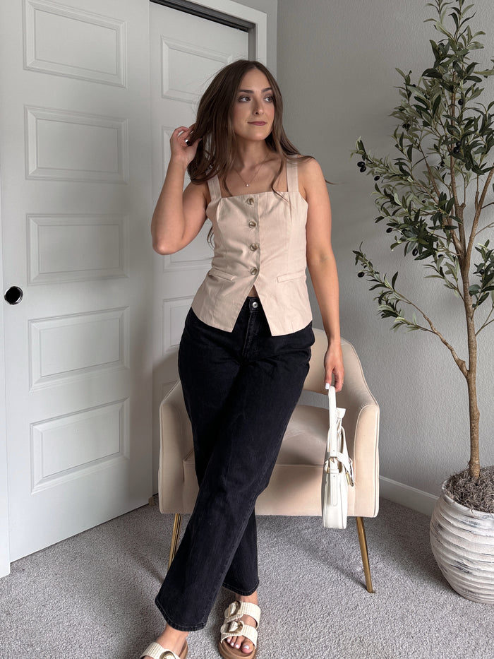 Beckham Square Neck Split Hem Button Down Vest (Light Khaki)