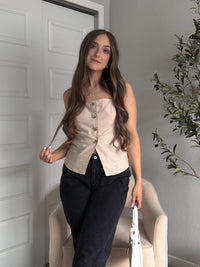 Beckham Square Neck Split Hem Button Down Vest (Light Khaki)