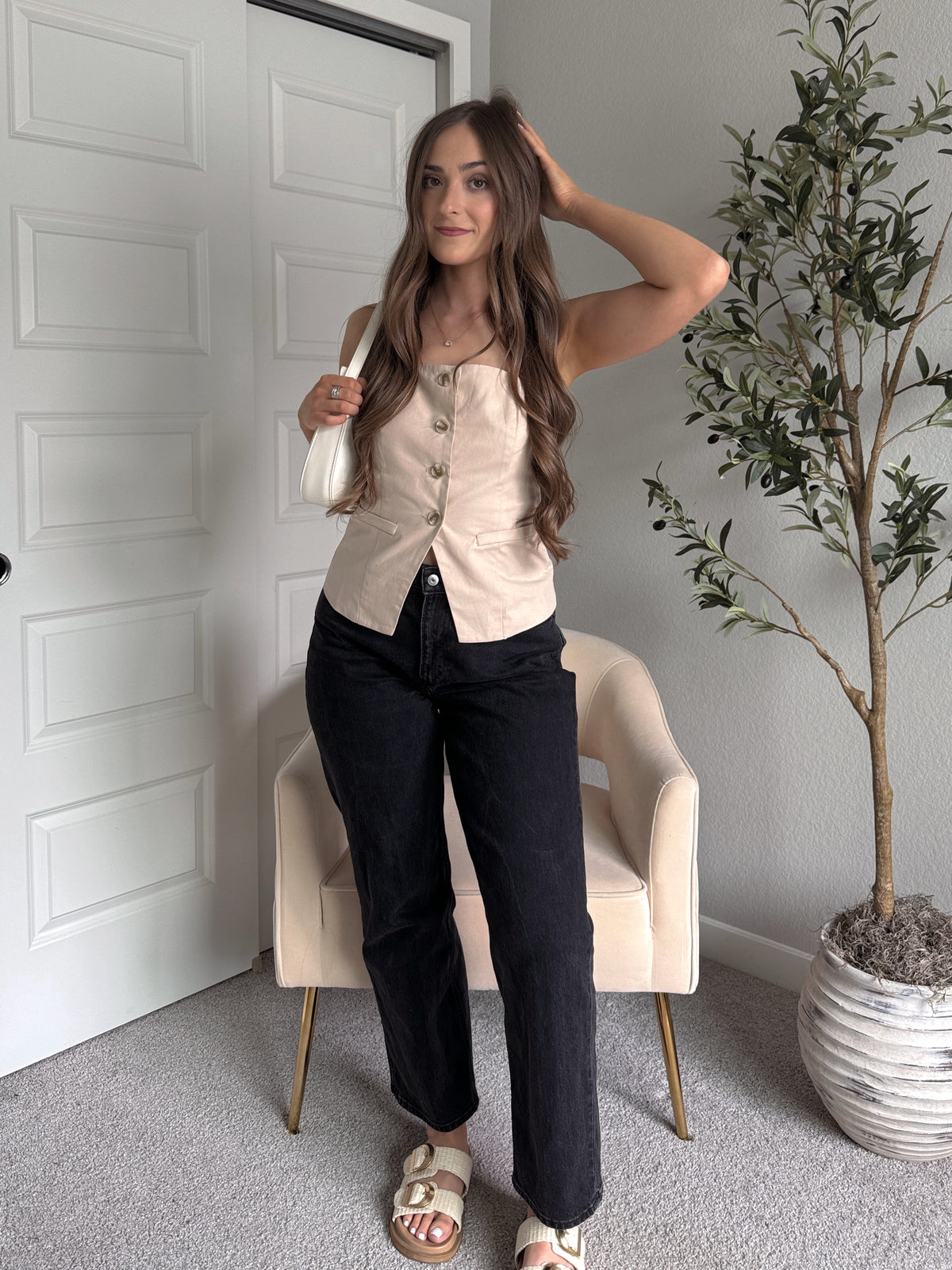 Beckham Square Neck Split Hem Button Down Vest (Light Khaki)