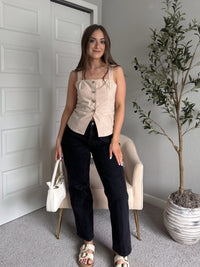 Beckham Square Neck Split Hem Button Down Vest (Light Khaki)