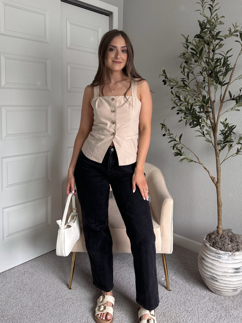 Beckham Square Neck Split Hem Button Down Vest (Light Khaki)