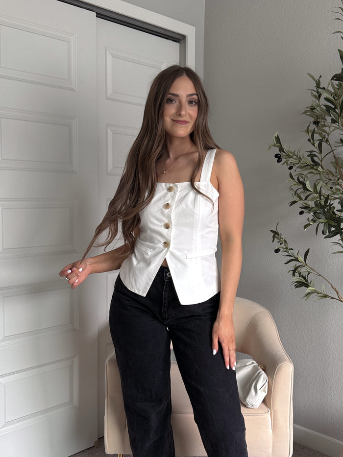 Beckham Square Neck Split Hem Button Down Vest (Off White)