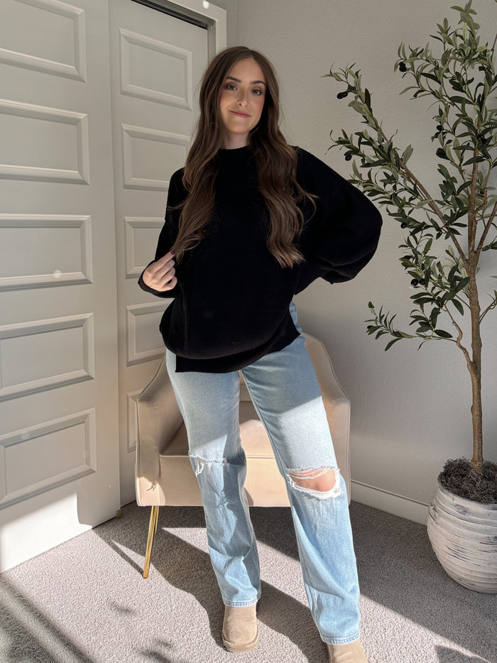 Blair Balloon Sleeve Oversized Ribbed Knit Pullover Sweater (Black)