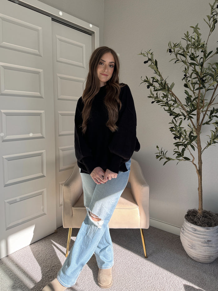 Blair Balloon Sleeve Oversized Ribbed Knit Pullover Sweater (Black)