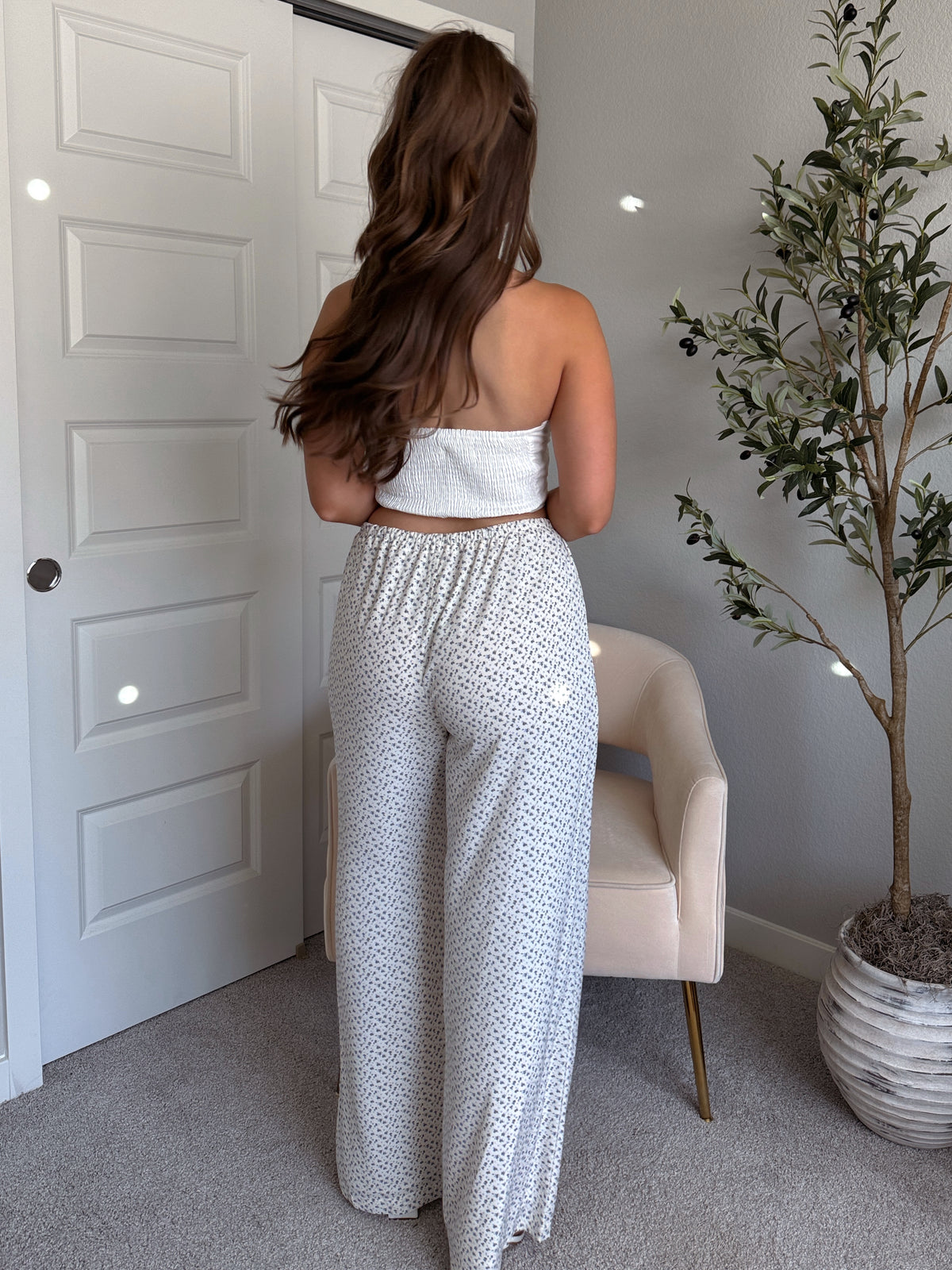 Blossom Bordeaux Floral Drawstring Wide Leg Pants (Cream)