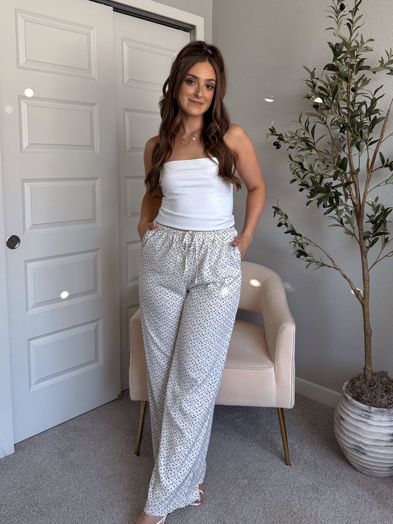Blossom Bordeaux Floral Drawstring Wide Leg Pants (Cream)