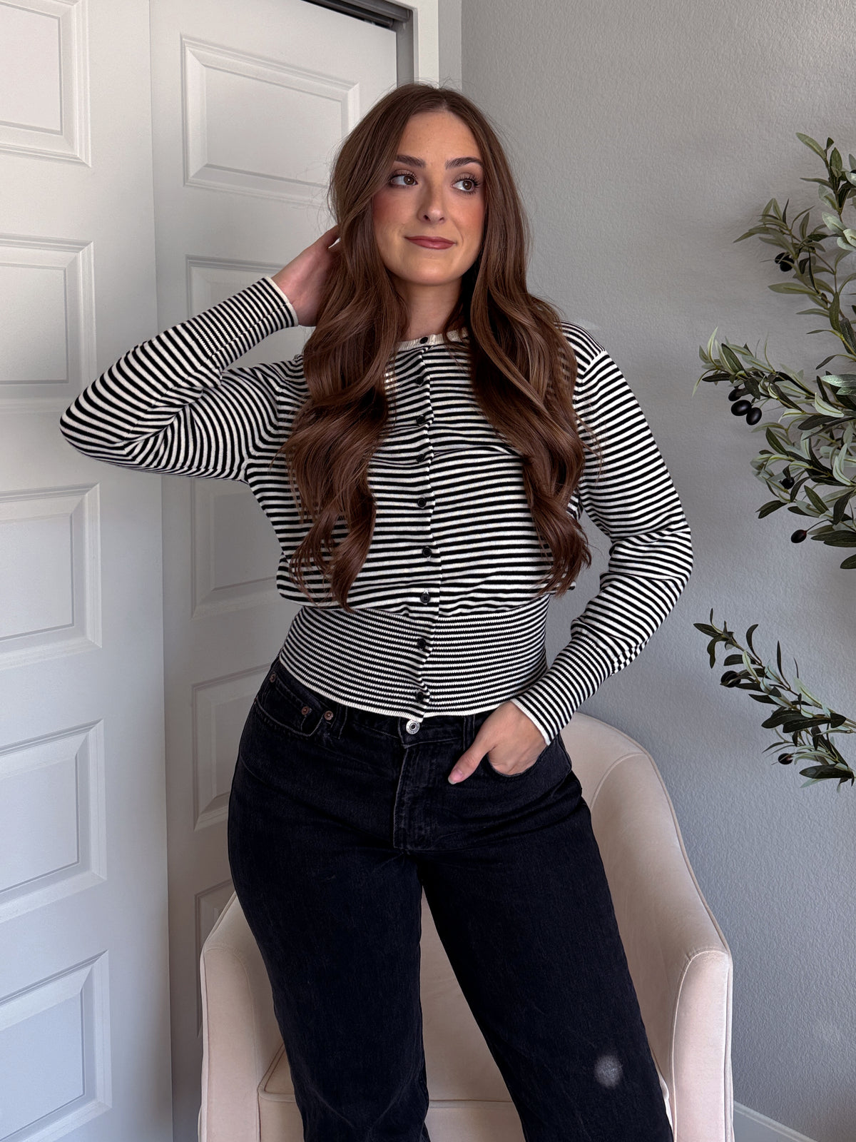 Bridgette Striped Cotton Ribbed Button Down Cardigan (Cream/Black)