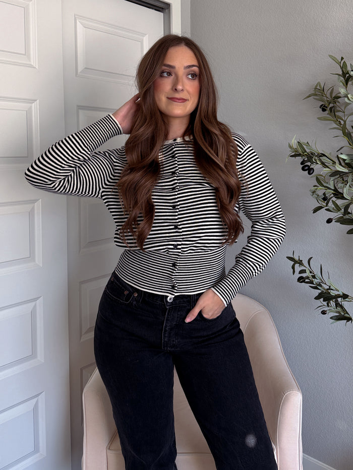 Bridgette Striped Cotton Ribbed Button Down Cardigan (Cream/Black)