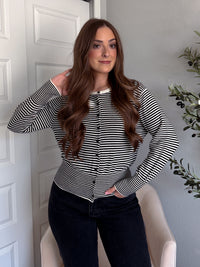 Bridgette Striped Cotton Ribbed Button Down Cardigan (Cream/Black)
