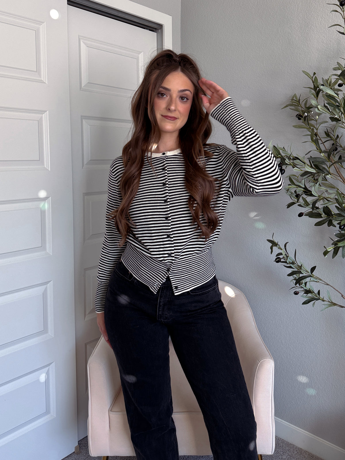 Bridgette Striped Cotton Ribbed Button Down Cardigan (Cream/Black)