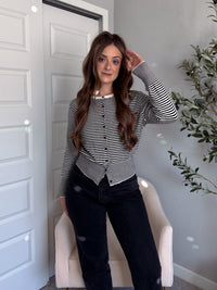 Bridgette Striped Cotton Ribbed Button Down Cardigan (Cream/Black)