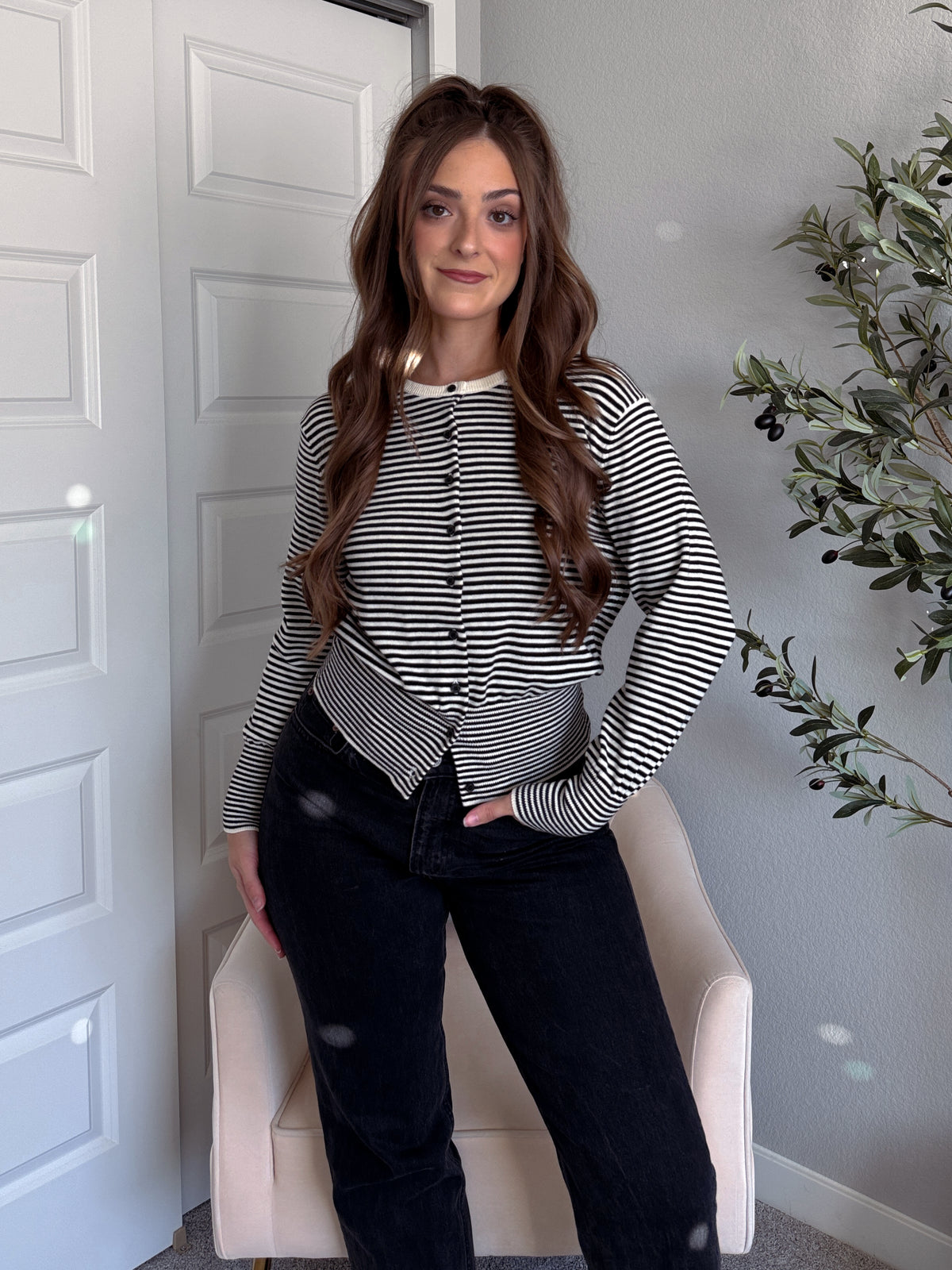 Bridgette Striped Cotton Ribbed Button Down Cardigan (Cream/Black)