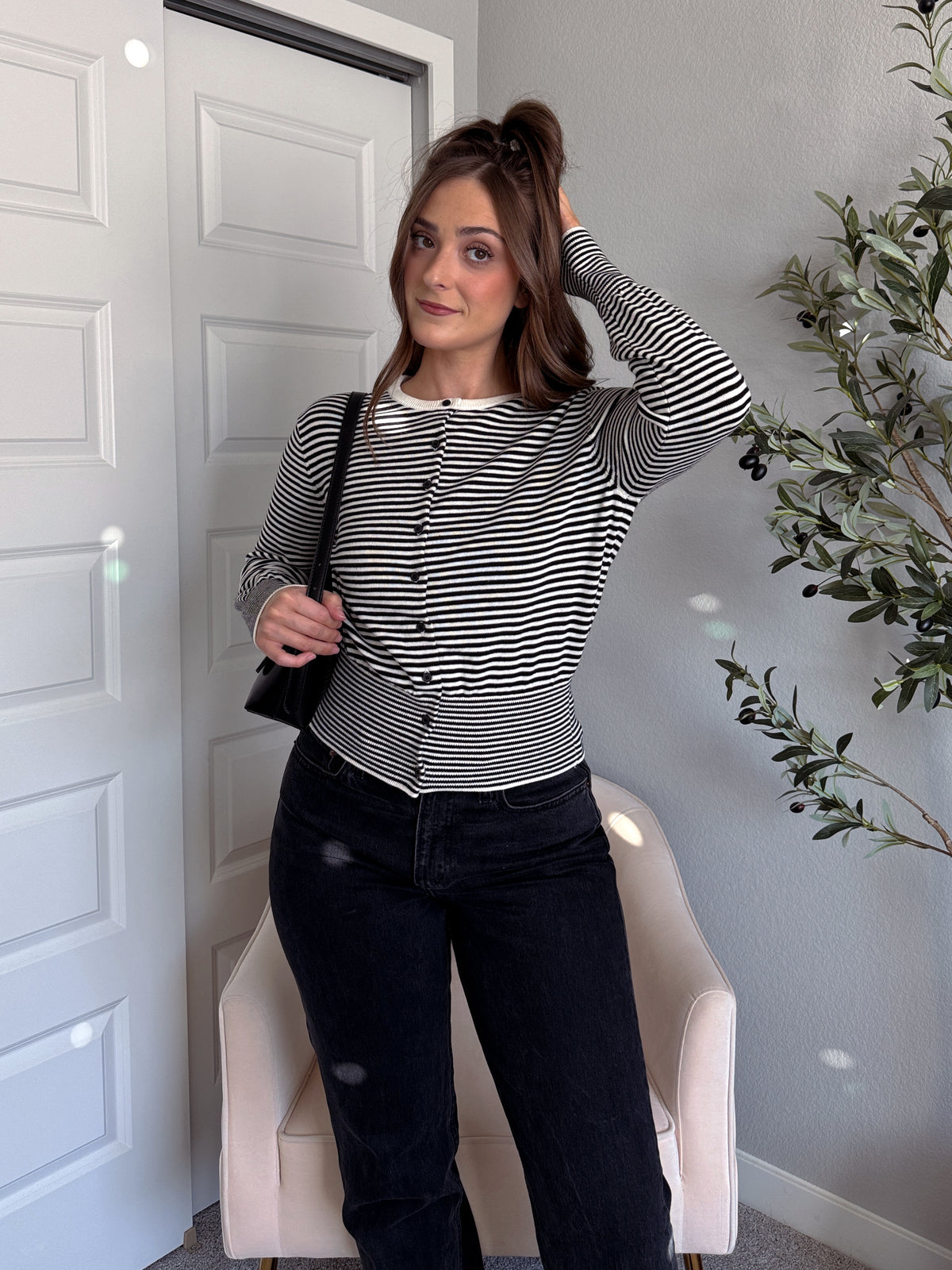 Bridgette Striped Cotton Ribbed Button Down Cardigan (Cream/Black)