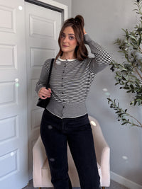 Bridgette Striped Cotton Ribbed Button Down Cardigan (Cream/Black)