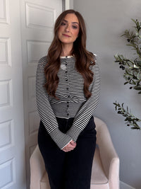 Bridgette Striped Cotton Ribbed Button Down Cardigan (Cream/Black)