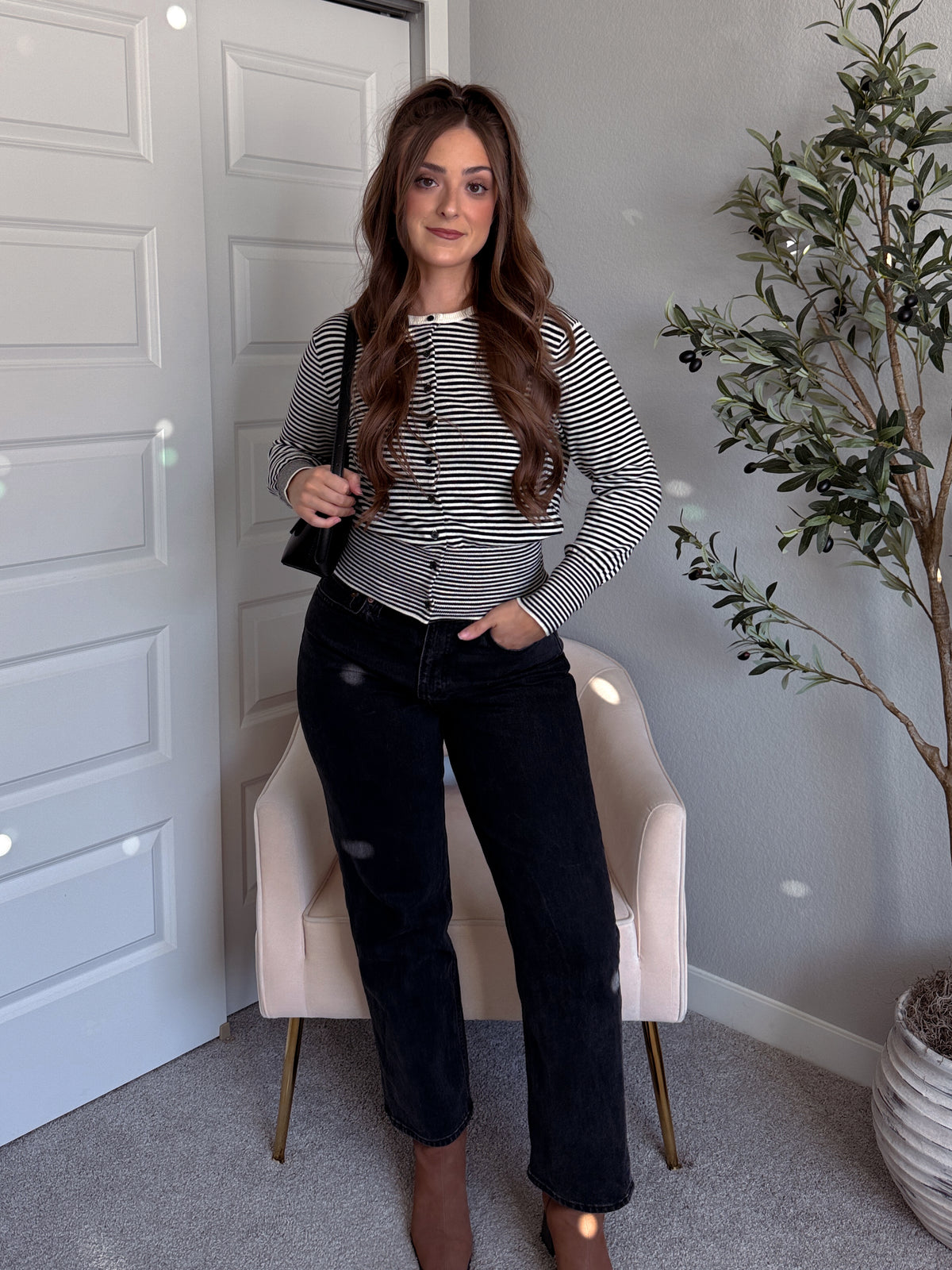 Bridgette Striped Cotton Ribbed Button Down Cardigan (Cream/Black)