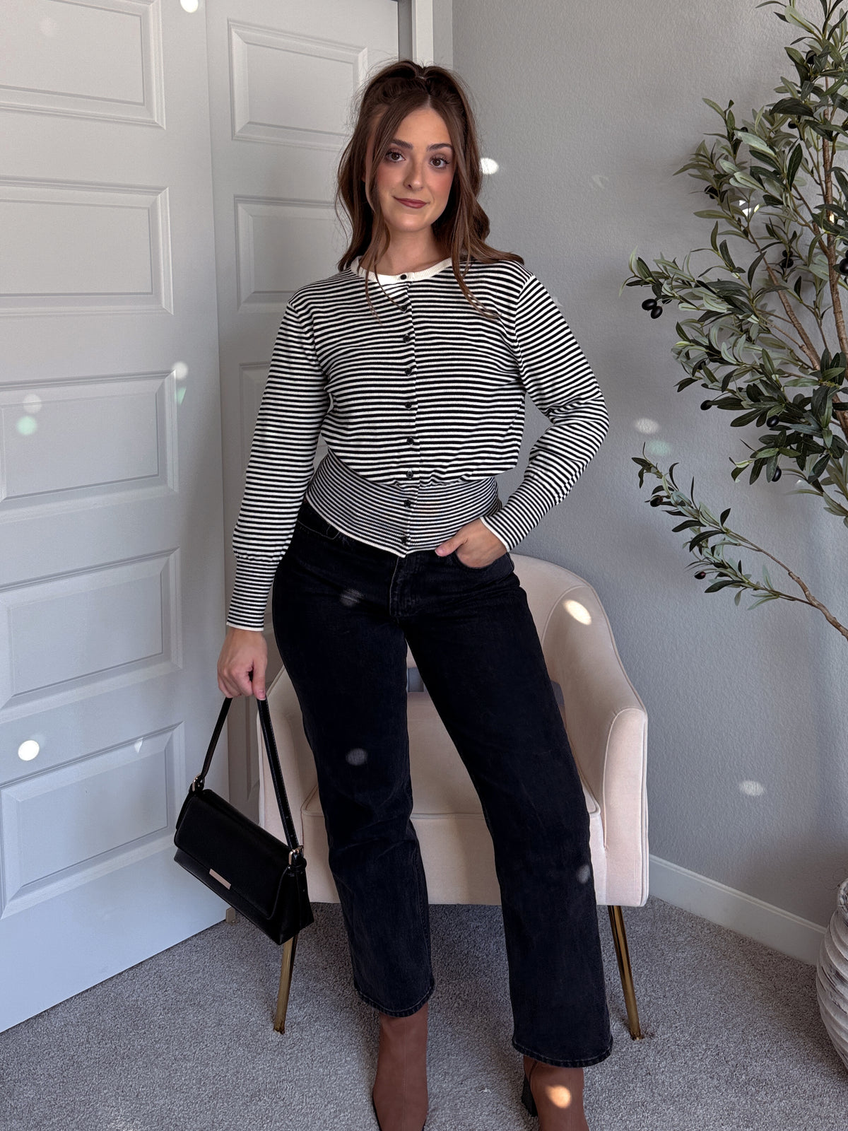 Bridgette Striped Cotton Ribbed Button Down Cardigan (Cream/Black)