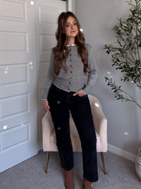 Bridgette Striped Cotton Ribbed Button Down Cardigan (Cream/Black)
