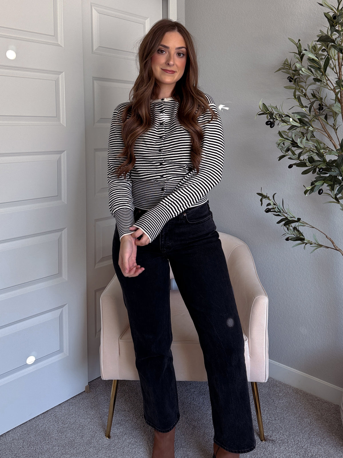 Bridgette Striped Cotton Ribbed Button Down Cardigan (Cream/Black)